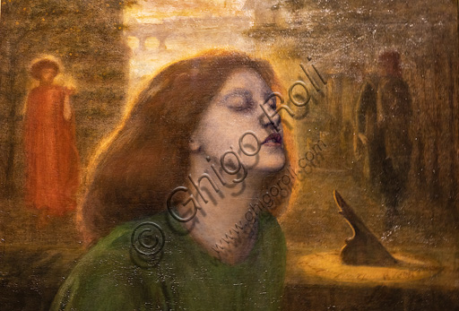  "Beata Beatrix", (1864 -70)  by Dante Gabriel Rossetti (1828-1882); oil painting on canvas.The red head of hair is beautiful. The model is Elizabeth Siddal. Detail.