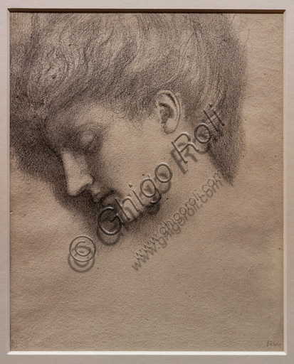 Studio di testa di donna dormiente (forse per "La Bella addormentata" nel ciclo della "Rosa Selvatica"), (1871-3)  di Edward Coley Burne - Jones  (1833 - 1898); grafite su carta. 