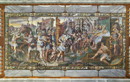  Bergamo, Palazzo della Prefettura: the vault of the Salone di Ulisse. Frescoes (detached from the Villa Lanzi in Gorlago in 1869) by G. B. Castello known as "Il Bergamasco". This fundamental cycle in the panorama of Lombard Mannerist painting was carried out between 1551 and 1556 and depicts enterprises of Ulysses.At the center of the vault Ulysses and Ajax compete for the armor of Achilles in front of the judges.