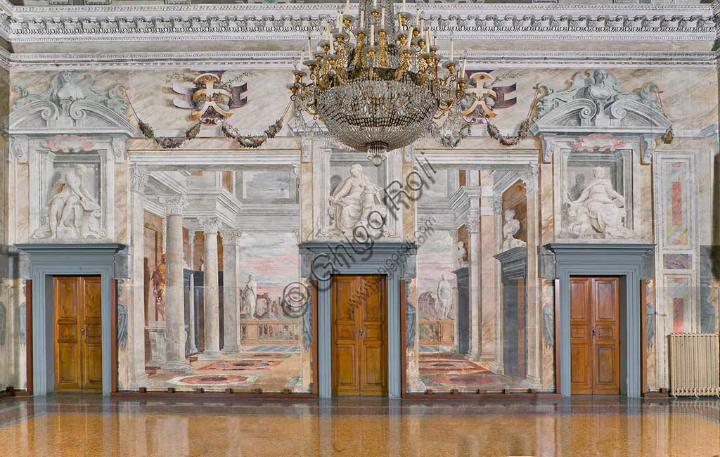 Genova, Villa Pallavicino delle Peschiere, il salone: veduta della parete Sud con prospettive architettoniche e panorami. Affreschi di Giovanni Battista Castello, detto "il Bergamasco", ca. 1560.