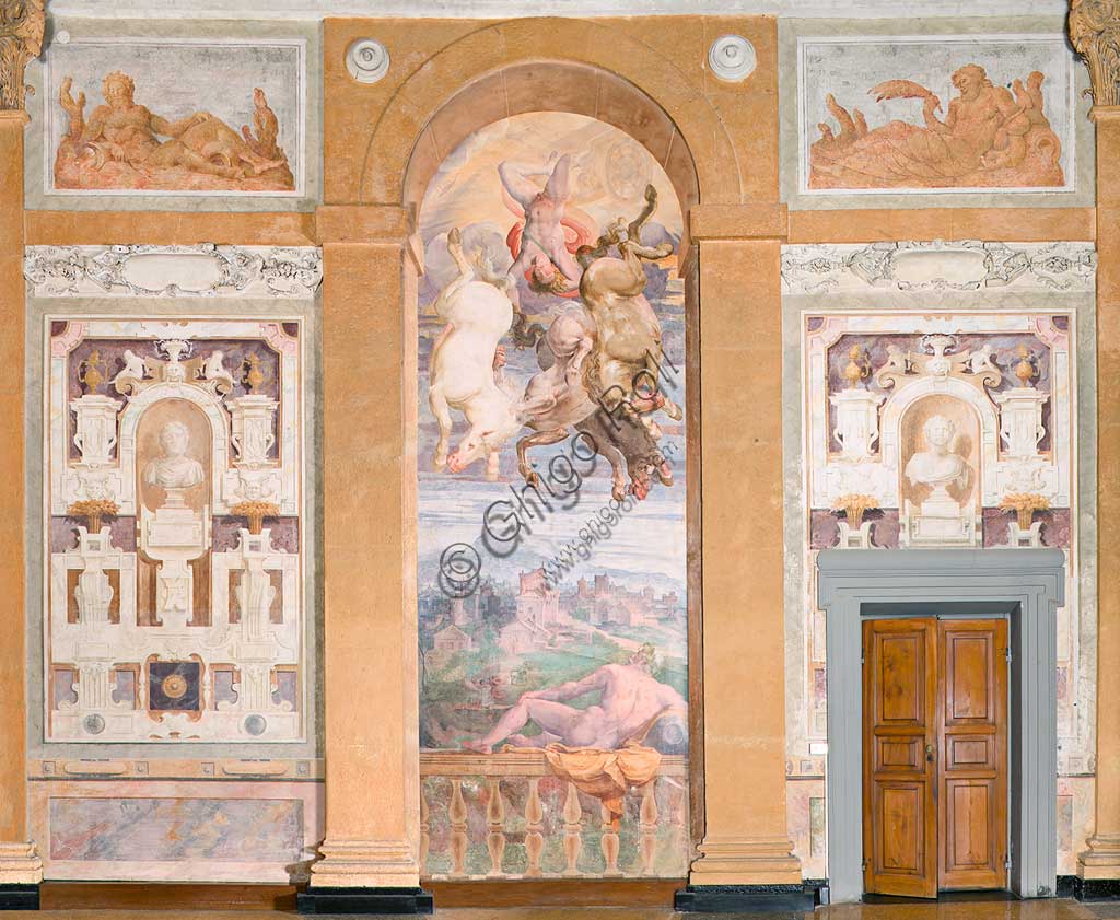 Genoa, Villa Pallavicino delle Peschiere,  the Apollo loggia, Eastern wall: the Chariot of the Sun driven by Apollo diving towards the Earth. Frescoes by Giovanni Battista Castello, known as "il Bergamasco",  and Luca Cambiaso, about 1560.