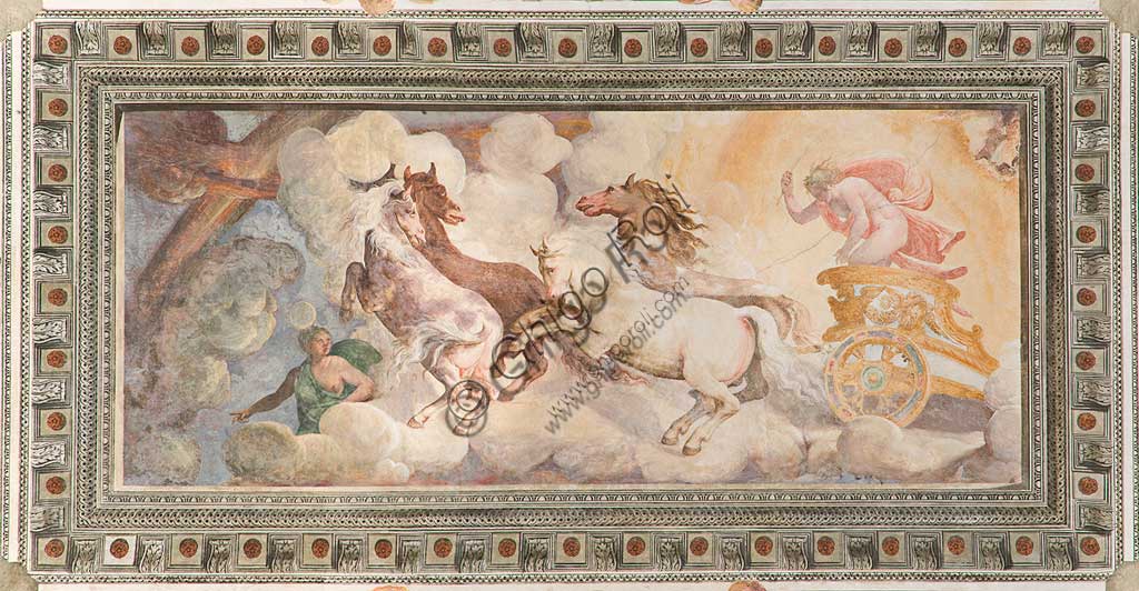 Genoa, Villa Pallavicino delle Peschiere,  the Apollo loggia, vault: the Chariot of the Sun driven by Apollo. Frescoes by Giovanni Battista Castello, known as "il Bergamasco",  and Luca Cambiaso, about 1560.