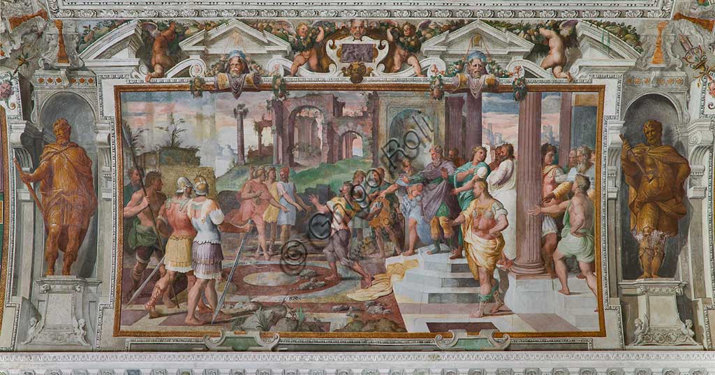 Genoa, Villa Pallavicino delle Peschiere,  the hall, Ulysses' stories: detail of the game of throwing stones at the  Phaeacians' court. Frescoes by Giovanni Battista Castello, known as "il Bergamasco", about 1560.