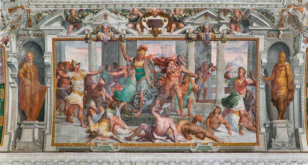Genoa, Villa Pallavicino delle Peschiere,  the hall, Ulysses' stories: the slaughter of the Proci (the suitors of Penelope). Frescoes by Giovanni Battista Castello, known as "il Bergamasco", about 1560.