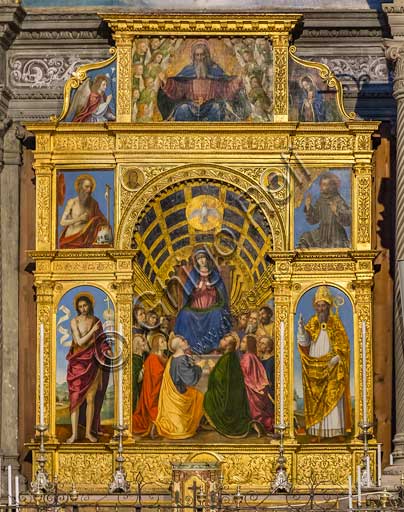 Bergamo, Church of Santo Spirito:  polyptych made of 8 compartments  "Madonna sitting on the throne with four Saints, the Eternal Father with Angel and Annunciate, by Bergognone (1515).