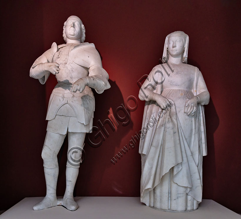 “Bianca Maria Visconti, Francesco Sforza”, statue in marmo di Carrara, di Alberto Maffioli, 1491-4.