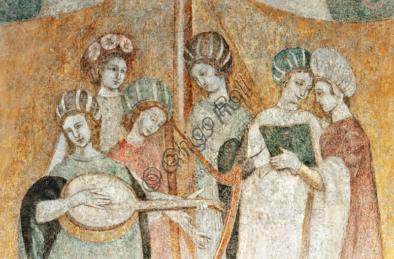 Bicocca degli Arcimboldi: salotto degli affreschi del ‘400 con il ciclo delle “Occupazioni e svaghi delle dame di corte”. Particolare con donne che suonano.