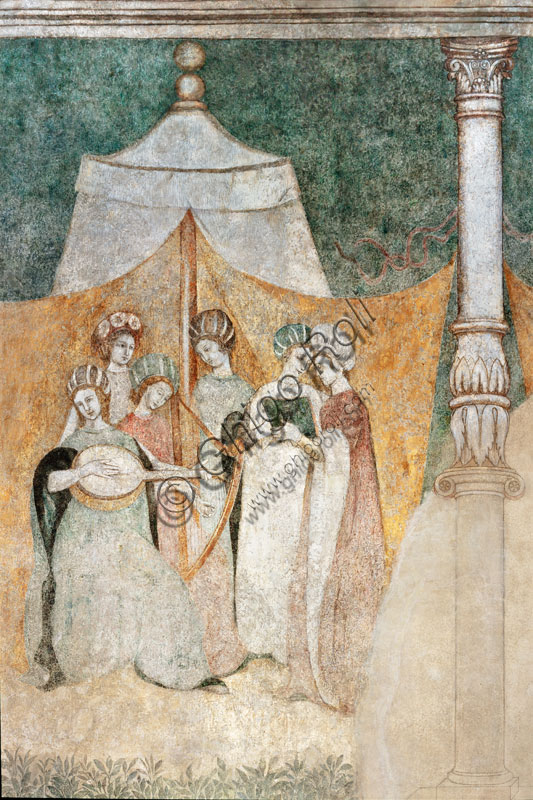 Bicocca degli Arcimboldi: salotto degli affreschi del ‘400 con il ciclo delle “Occupazioni e svaghi delle dame di corte”. Particolare con donne che suonano.