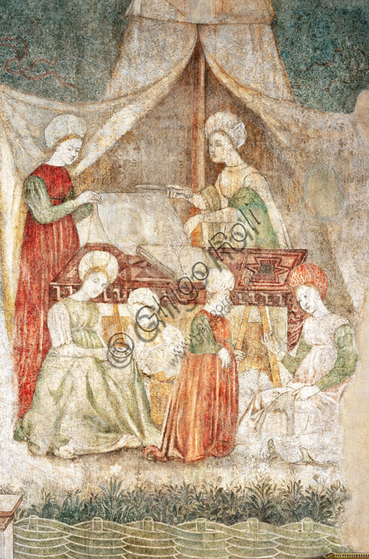 Bicocca degli Arcimboldi: salotto degli affreschi del ‘400 con il ciclo delle “Occupazioni e svaghi delle dame di corte”. Particolare con il taglio di tessuti e un nano.