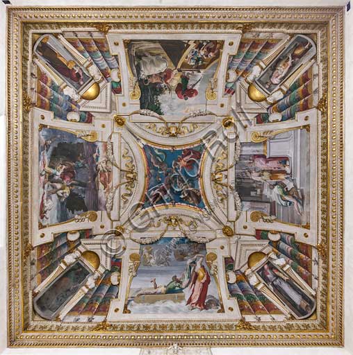 Bologna, Palazzo Poggi, Stanza di Ulisse, la volta con episodi dell' Odissea. Affreschi di Pellegrino Tibaldi, 1550 -1551.Bologna, Palazzo Poggi, Stanza di Ulisse: veduta della volta con episodi dell' Odissea.Affreschi di Pellegrino Tibaldi, 1550 -1551.