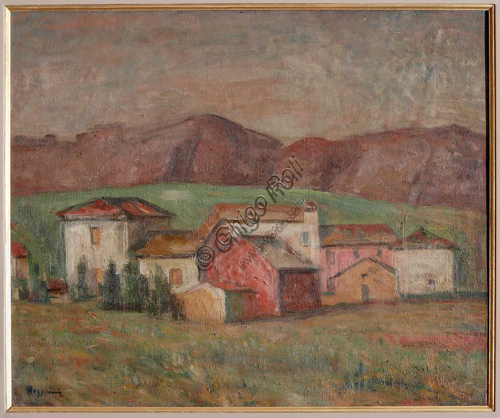 Collezione Assicoop - Unipol: Mauro  Reggiani (1897-1980), "Borgo ai piedi dei monti". Olio su tela, cm. 51 x 61.