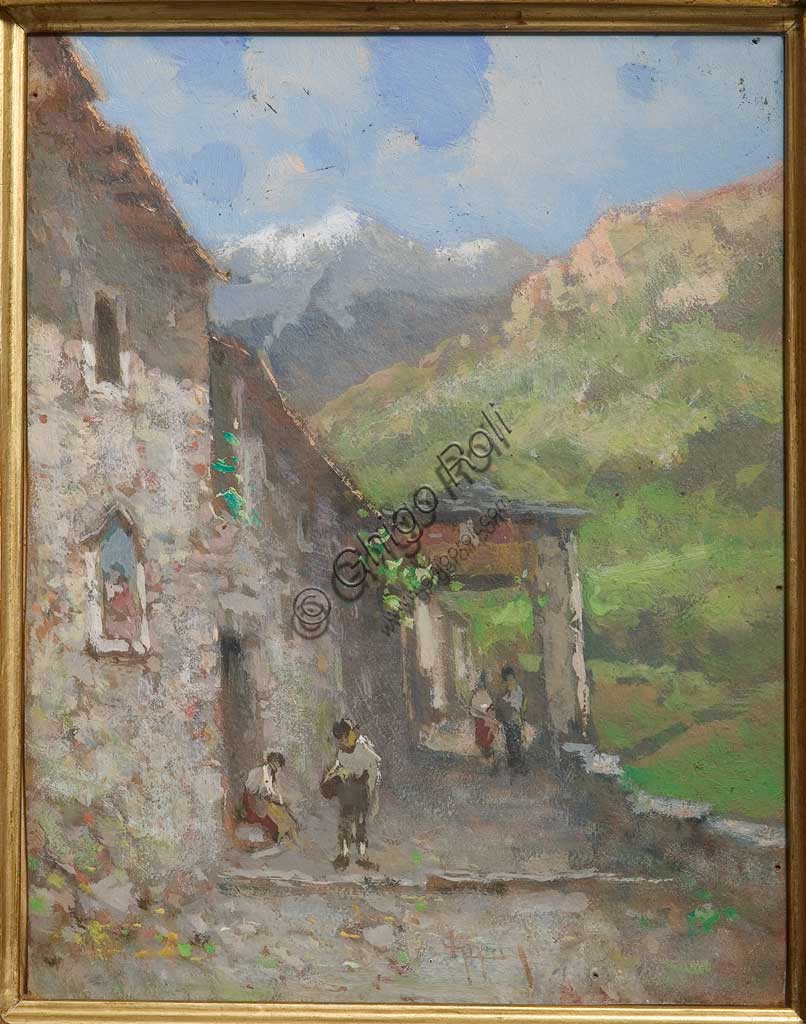 Collezione Assicoop - Unipol: Lorenzo Gignous (1862 - 1958), "Borgo alpino",  olio e tempera su cartoncino.