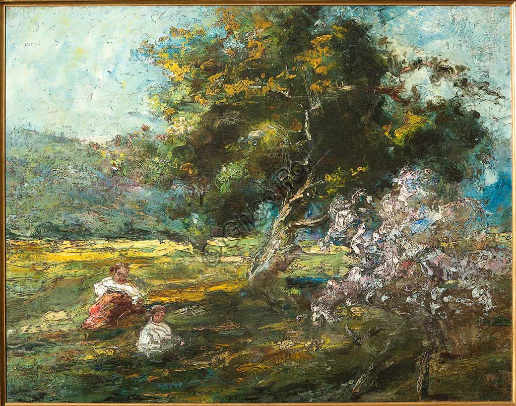 Collezione Assicoop - Unipol: Ubaldo Magnavacca (1885-1957), "Bosco con bimbi". Olio su tela, cm. 75 x 55.