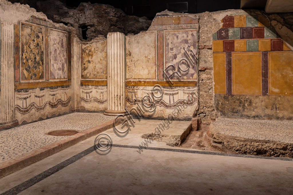 Brescia, the archaeological area of the Capitolium in the ancient Brixia, Unesco heritage since 2011, the Sanctuary of the Republican age (I century BC): one of the halls whose walls are decorated with beautiful frescoes and slabs.