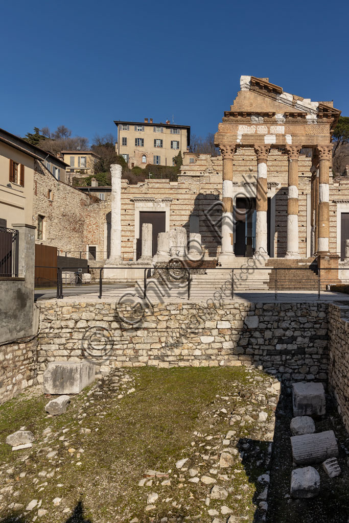 Brescia, the archaeological area of the Capitolium in the ancient Brixia, Unesco heritage since 2011: the Roman Forum and the Capitolium (73 BC), a temple dedicated to the Capitoline triad (Jupiter, Juno and Minerva).