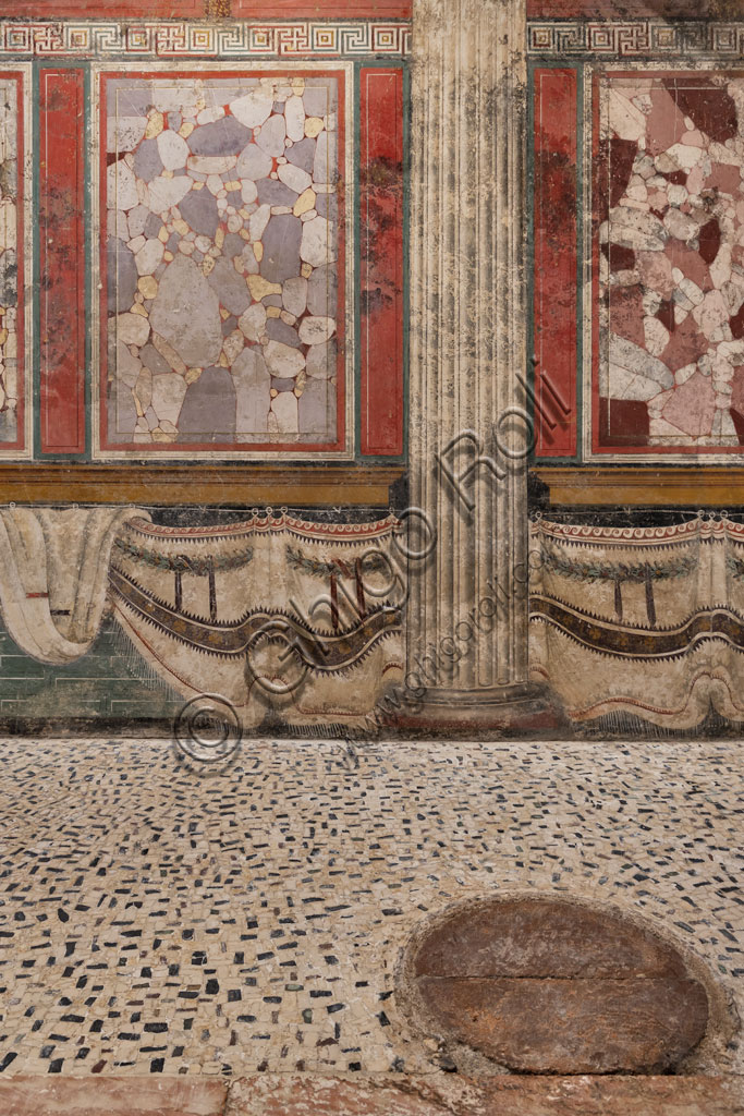 Brescia, the archaeological area of the Capitolium in the ancient Brixia, Unesco heritage since 2011, the Sanctuary of the Republican age (I century BC): one of the halls whose walls are decorated with beautiful frescoes and slabs.