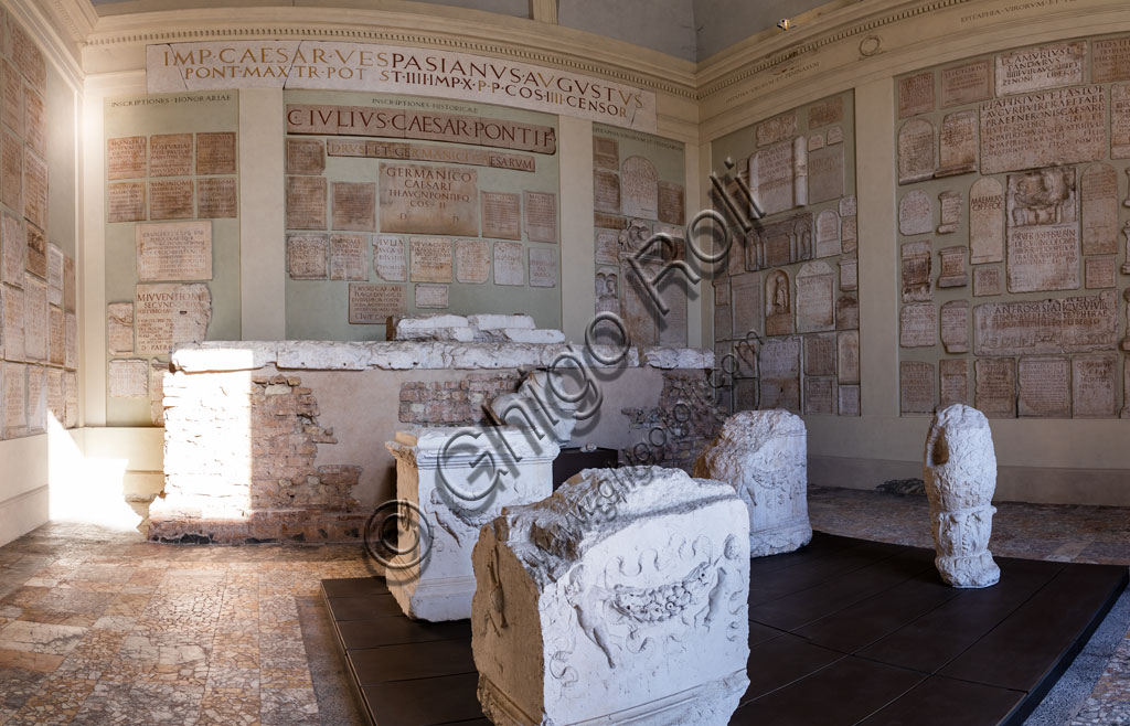 Brescia, the archaeological area of the Capitolium in the ancient Brixia, Unesco heritage since 2011, the Capitolium (73 BC), a temple dedicated to the Capitoline triad (Jupiter, Juno and Minerva): one of the cells with the collection of ancient Roman epigraphs.