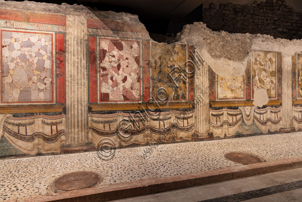 Brescia, the archaeological area of the Capitolium in the ancient Brixia, Unesco heritage since 2011, the Sanctuary of the Republican age (I century BC): one of the halls whose walls are decorated with beautiful frescoes and slabs.