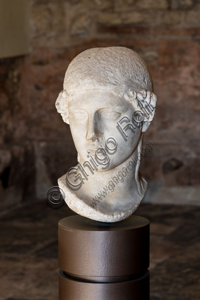 Brescia, the archaeological area of the Capitolium in the ancient Brixia, Unesco heritage since 2011: Head of Minerva, Roman copy of an original Greek artwork.