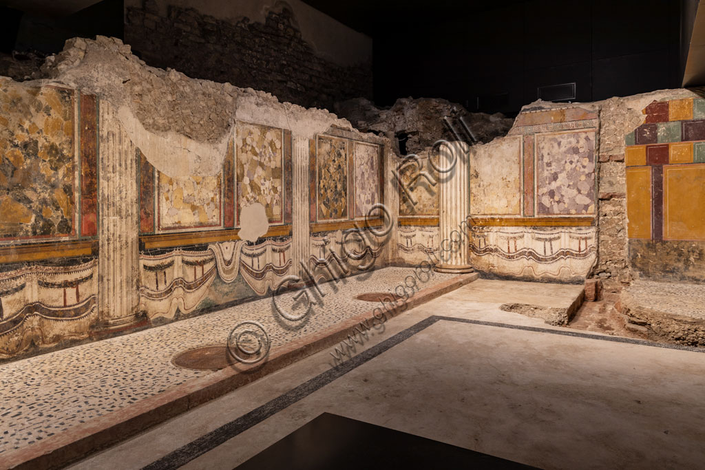 Brescia, the archaeological area of the Capitolium in the ancient Brixia, Unesco heritage since 2011, the Sanctuary of the Republican age (I century BC): one of the halls whose walls are decorated with beautiful frescoes and slabs.