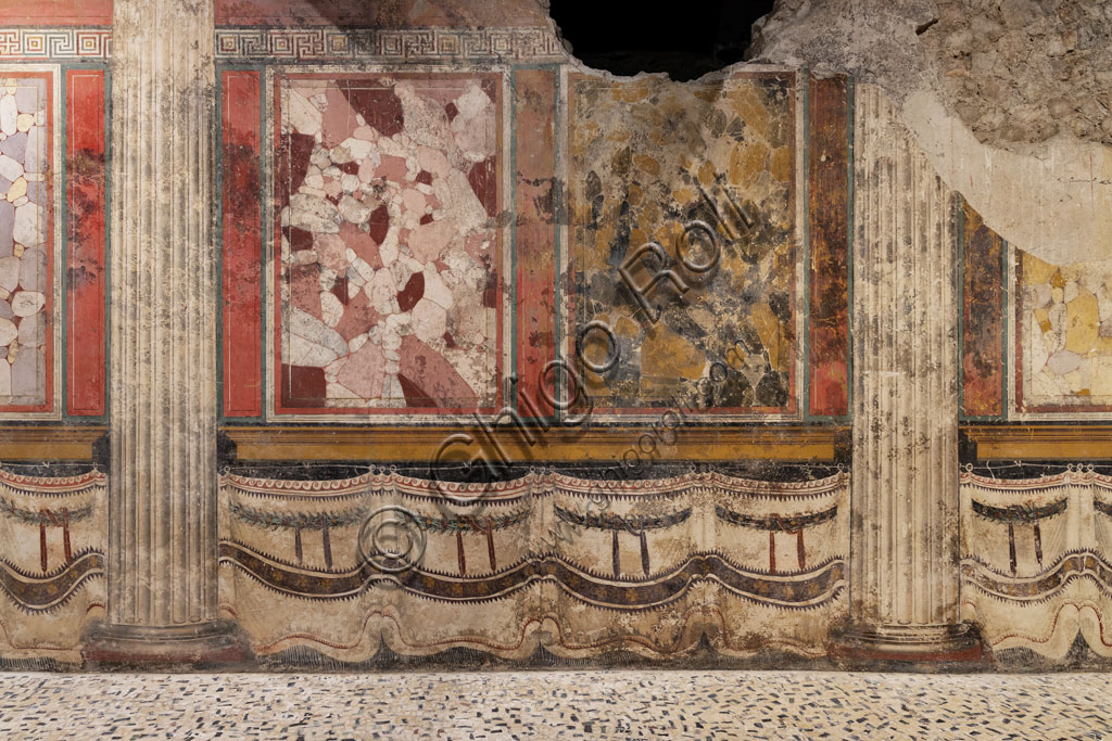 Brescia, the archaeological area of the Capitolium in the ancient Brixia, Unesco heritage since 2011, the Sanctuary of the Republican age (I century BC): one of the halls whose walls are decorated with beautiful frescoes and slabs.