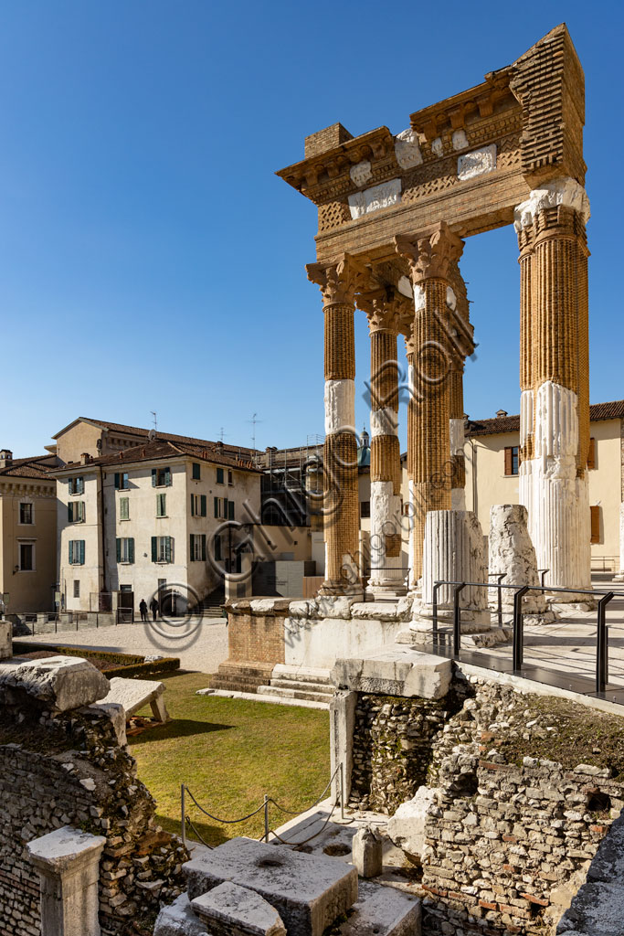 Brescia, the archaeological area of the Capitolium in the ancient Brixia, Unesco heritage since 2011: the Roman Forum and the Capitolium (73 BC), a temple dedicated to the Capitoline triad (Jupiter, Juno and Minerva).