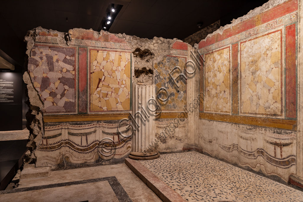 Brescia, the archaeological area of the Capitolium in the ancient Brixia, Unesco heritage since 2011, the Sanctuary of the Republican age (I century BC): one of the halls whose walls are decorated with beautiful frescoes and slabs.