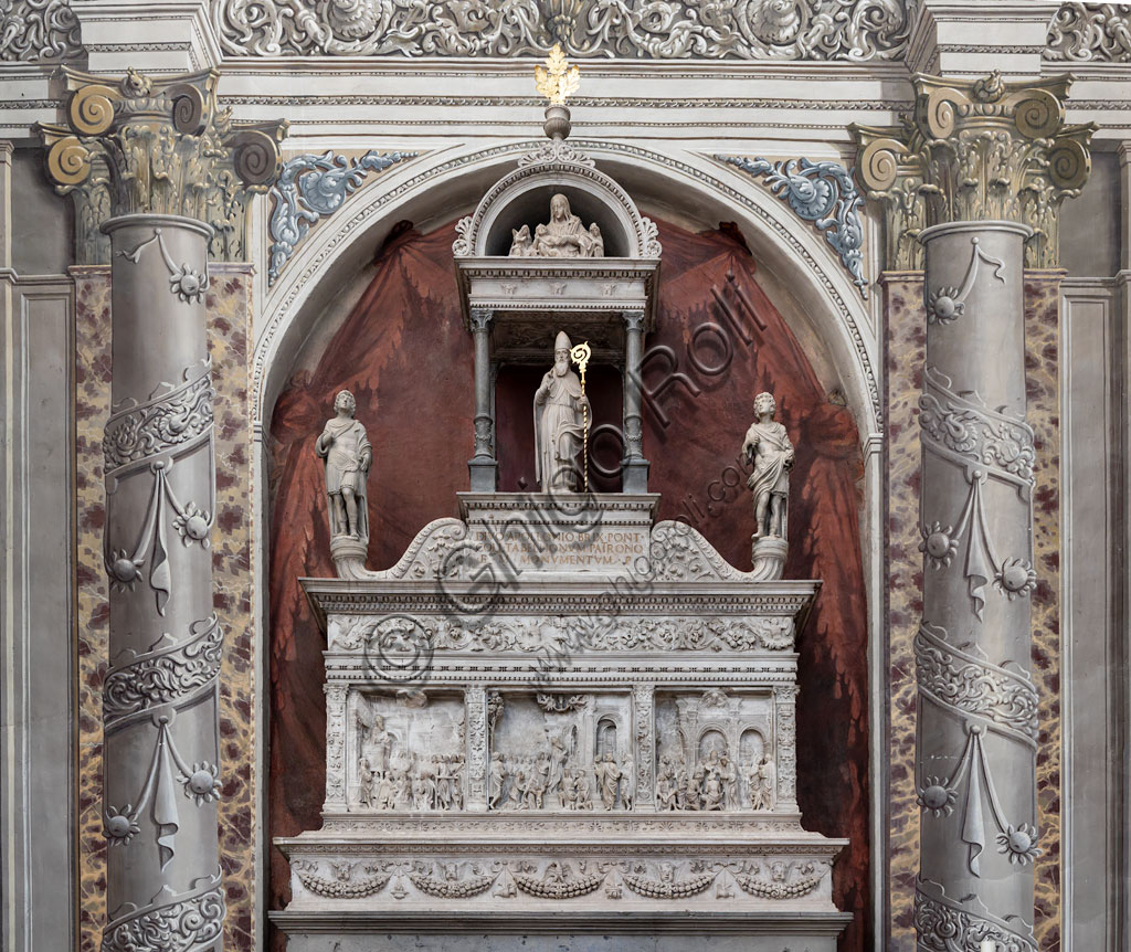 Brescia, the Duomo Nuovo (the New Cathedral): the monumental ark of St. Apollonius, embellished with refined bas-reliefs and a noteworthy example of Renaissance Brescian sculpture attributed to Gasparo Cairano, who might have realised it between 1508 and 1510.