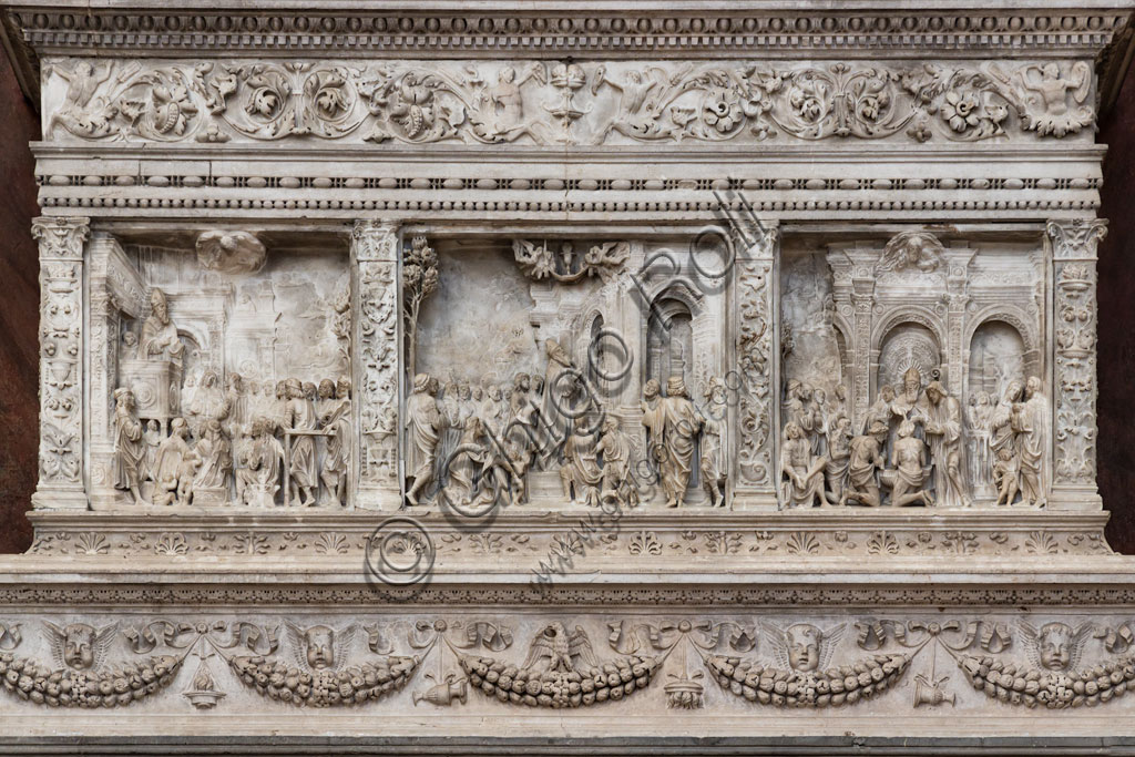 Brescia, the Duomo Nuovo (the New Cathedral): the monumental ark of St. Apollonius, embellished with refined bas-reliefs and a noteworthy example of Renaissance Brescian sculpture attributed to Gasparo Cairano, who might have realised it between 1508 and 1510. Detail.
