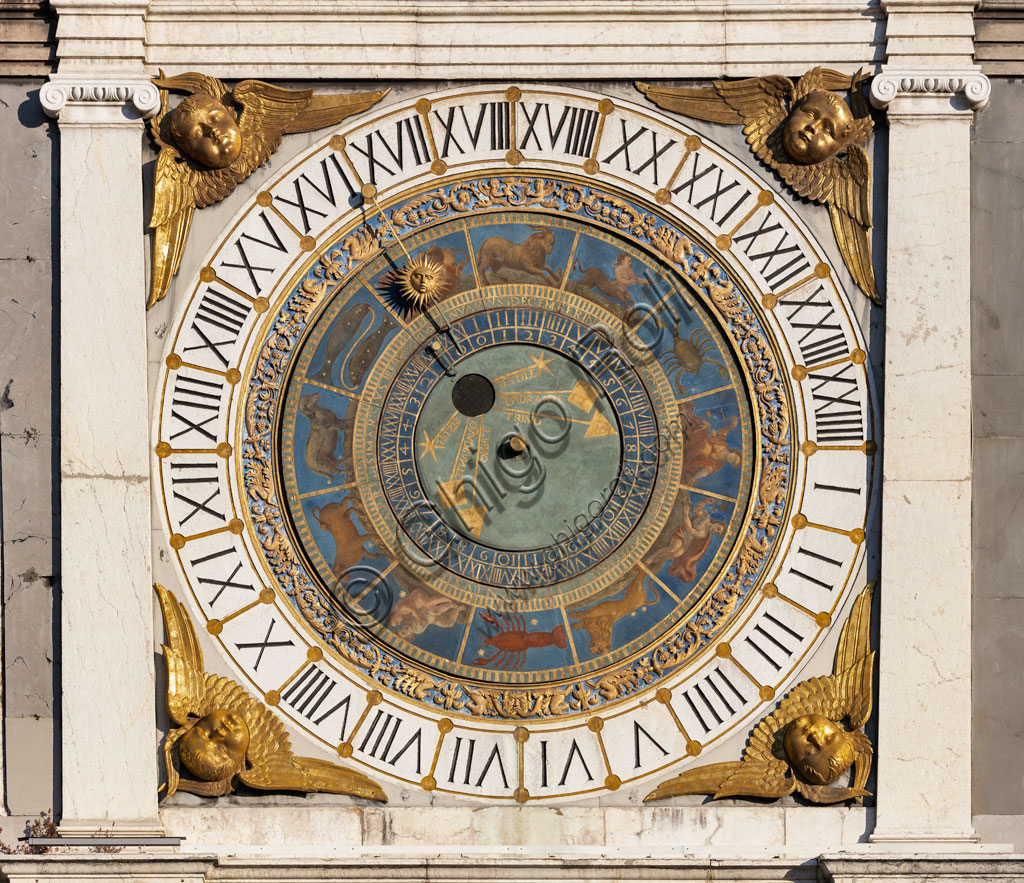 Brescia, piazza della Loggia (a Renaissance square where the Venetian influence is evident), the Clock Tower (1540 - 1550): the astronomical quadrant with concentric rings, decorated in gold and blue and with symbols of the Zodiacal signs.