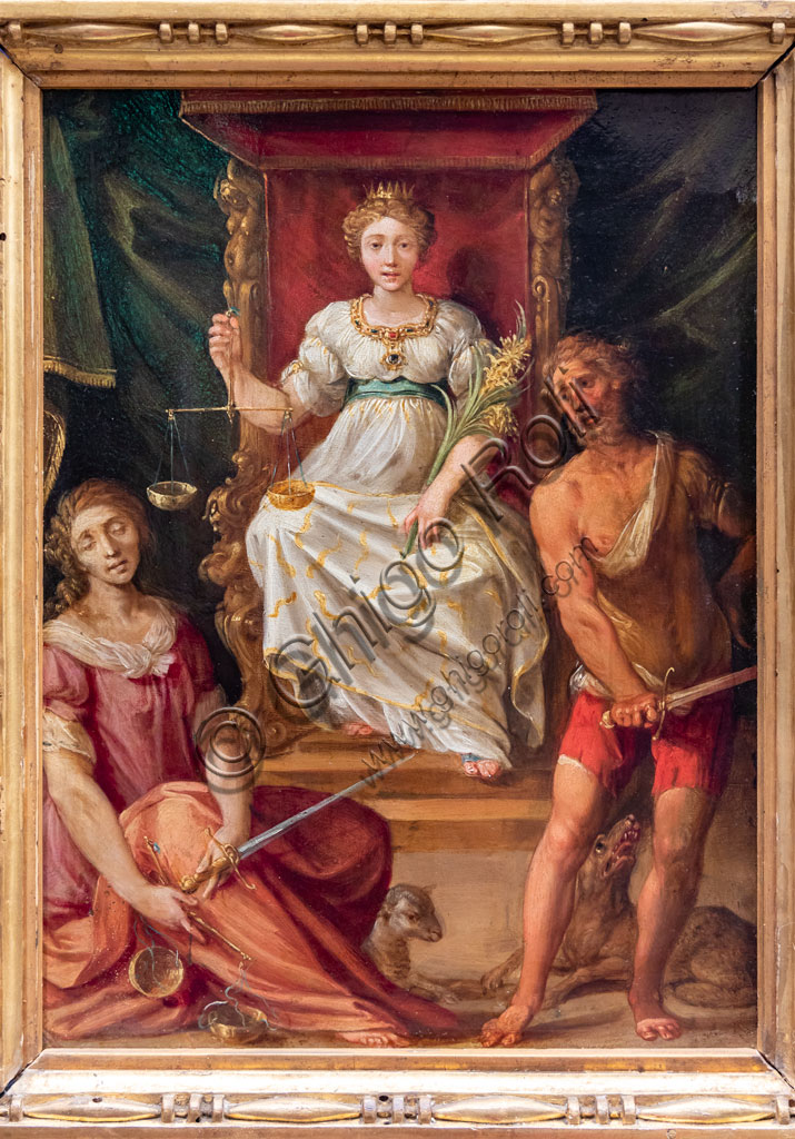 Brescia, Pinacoteca Tosio Martinengo: "Giustizia (o Equità), affiancata da Ingiustizia e Contrasto", 1610 - 20, di ambito di Giuseppe Cesari, detto Cavalier d'Arpino, 1610-20. Olio su rame.