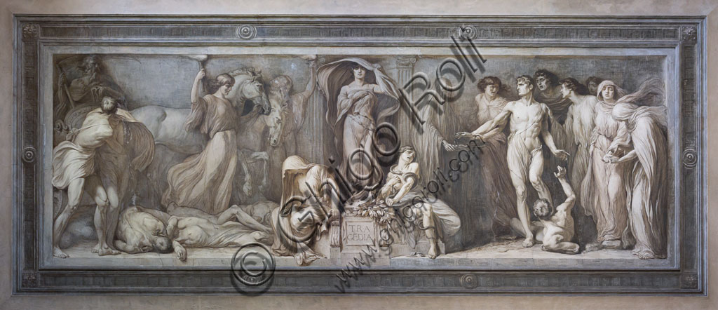 Brescia, Teatro Grande, staicase after the entrance:  monochrome fresco depicting the allegory of the Tragedy, by the Brescian painter Gaetano Cresseri (1914).