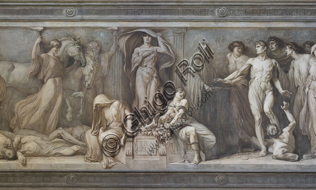 Brescia, Teatro Grande, scalinata dopo l'ingresso: affresco monocromo con allegoria della tragedia, del pittore bresciano Gaetano Cresseri (1914). Particolare.