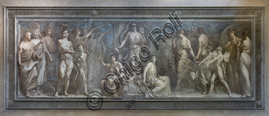 Brescia, Teatro Grande, scalinata dopo l'ingresso: affresco monocromo con allegoria della Commedia, del pittore bresciano Gaetano Cresseri (1914).