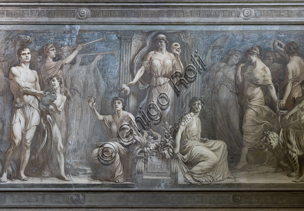 Brescia, Teatro Grande, scalinata dopo l'ingresso: affresco monocromo con allegoria della Commedia, del pittore bresciano Gaetano Cresseri (1914). Particolare.