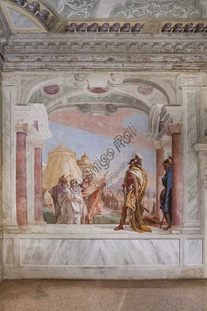 Vicenza, Villa Valmarana ai Nani, Palazzina (Small Building): view of the first room and its frescoes representing episodes from  the Iliad: "Briseis is lead to the presence of King Agamemnon".  Frescoes by Giambattista Tiepolo, 1756 - 1757.