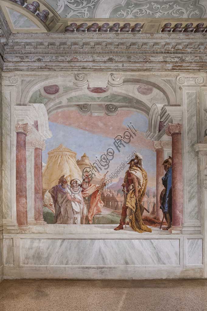 Vicenza, Villa Valmarana ai Nani, Palazzina: veduta della prima stanza con episodi tratti dall'Iliade: "Briseide viene condotta al cospetto di Agamennone". Affreschi di Giambattista Tiepolo, 1756 - 1757.