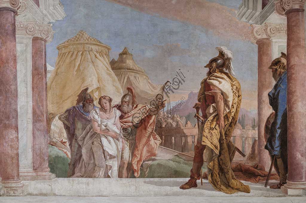 Vicenza, Villa Valmarana ai Nani, Palazzina (Small Building): view of the first room and its frescoes representing episodes from  the Iliad: "Briseis is lead to the presence of King Agamemnon".  Frescoes by Giambattista Tiepolo, 1756 - 1757. Detail.