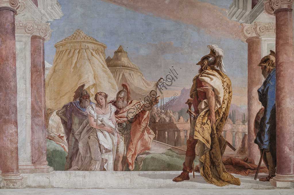 Vicenza, Villa Valmarana ai Nani, Palazzina: veduta della prima stanza con episodi tratti dall'Iliade: "Briseide viene condotta al cospetto di Agamennone". Affreschi di Giambattista Tiepolo, 1756 - 1757. Particolare.