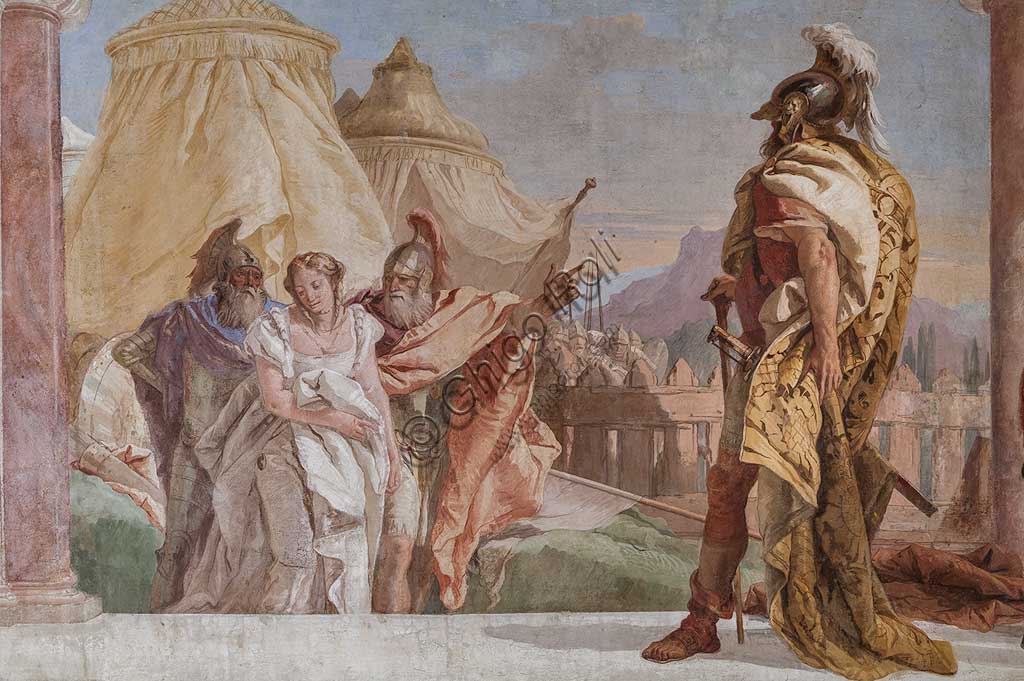 Vicenza, Villa Valmarana ai Nani, Palazzina (Small Building): view of the first room and its frescoes representing episodes from  the Iliad: "Briseis is lead to the presence of King Agamemnon".  Frescoes by Giambattista Tiepolo, 1756 - 1757. Detail.