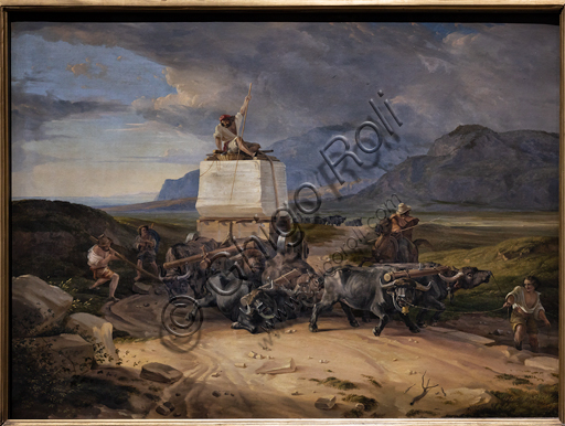 "Bufali trasportano un blocco di marmo destinato a Thorvaldsen", 1831, di Friedrich Nerly (o Nehrlich (1807 - 1878), olio su tela.