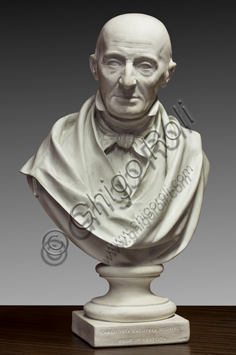 Assicoop - Unipol Collection:  Alessandro Cavazza (Modena, 1824 - Reggio Emilia, 1873); "Busto of Carlo Pisa Faloppia, Modena teacher"; 1855, scagliola h. 75 cm.