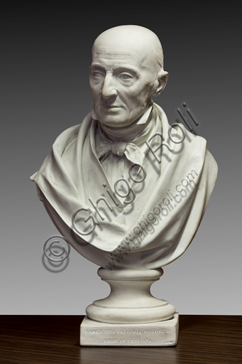 Assicoop - Unipol Collection:  Alessandro Cavazza (Modena, 1824 - Reggio Emilia, 1873); "Busto of Carlo Pisa Faloppia, Modena teacher"; 1855, scagliola h. 75 cm.