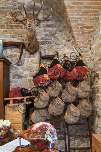 Assisi, centro storico, negozio di prodotti tipici umbri "Cacio, pepe e...": settore con prosciutti interi.