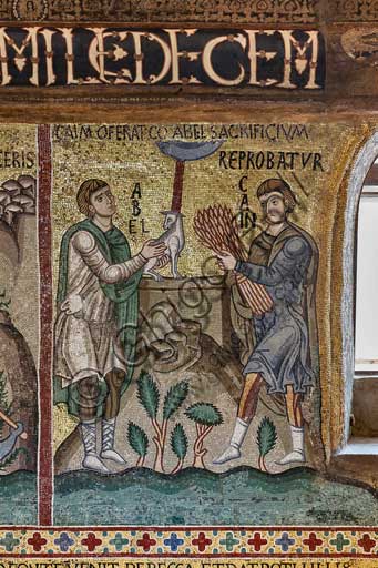 Palermo, Palazzo Reale o Palazzo dei Normanni,  Cappella Palatina (Basilica), ciclo di mosaici Vecchio Testamento, ciclo della Creazione:  "Caino e Abele sacrificano un agnello", XII secolo.