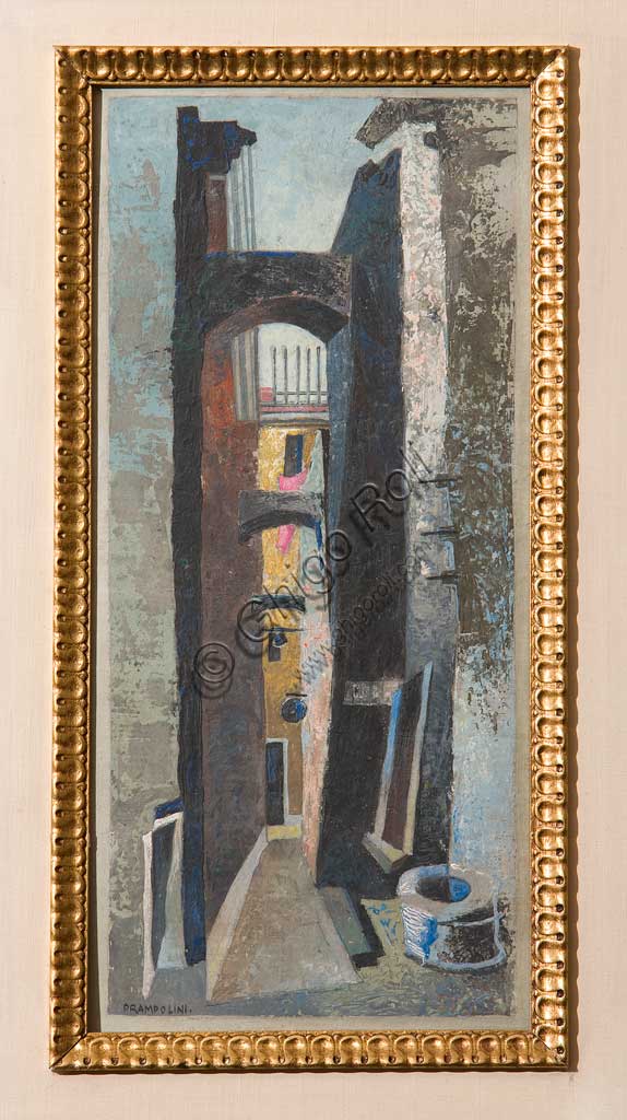 Collezione Assicoop - Unipol: Enrico Prampolini (1894-1956), "Calle Veneziana". Olio su cartone, cm. 35  X 16,5.