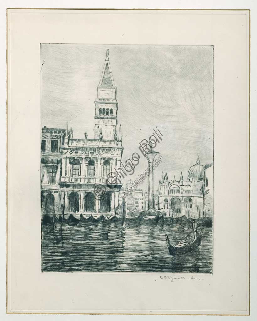 Assicoop - Unipol Collection: "The Grand Canal in Venice", etching  and aquatint on white paper, by Giuseppe Miti Zanetti (1859 - 1929).