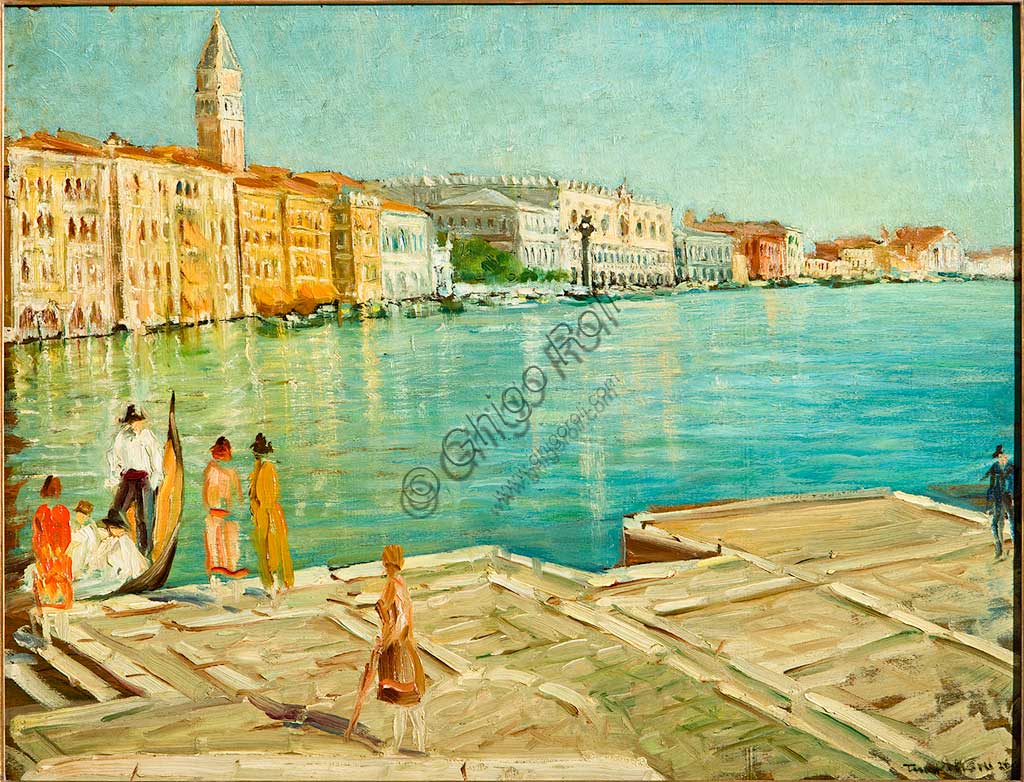 Assicoop - Unipol Collection:  Tino Pelloni (1895 - 1981), "The Grand Canal in Venice". Oil painting, cm 51 x 65,5.