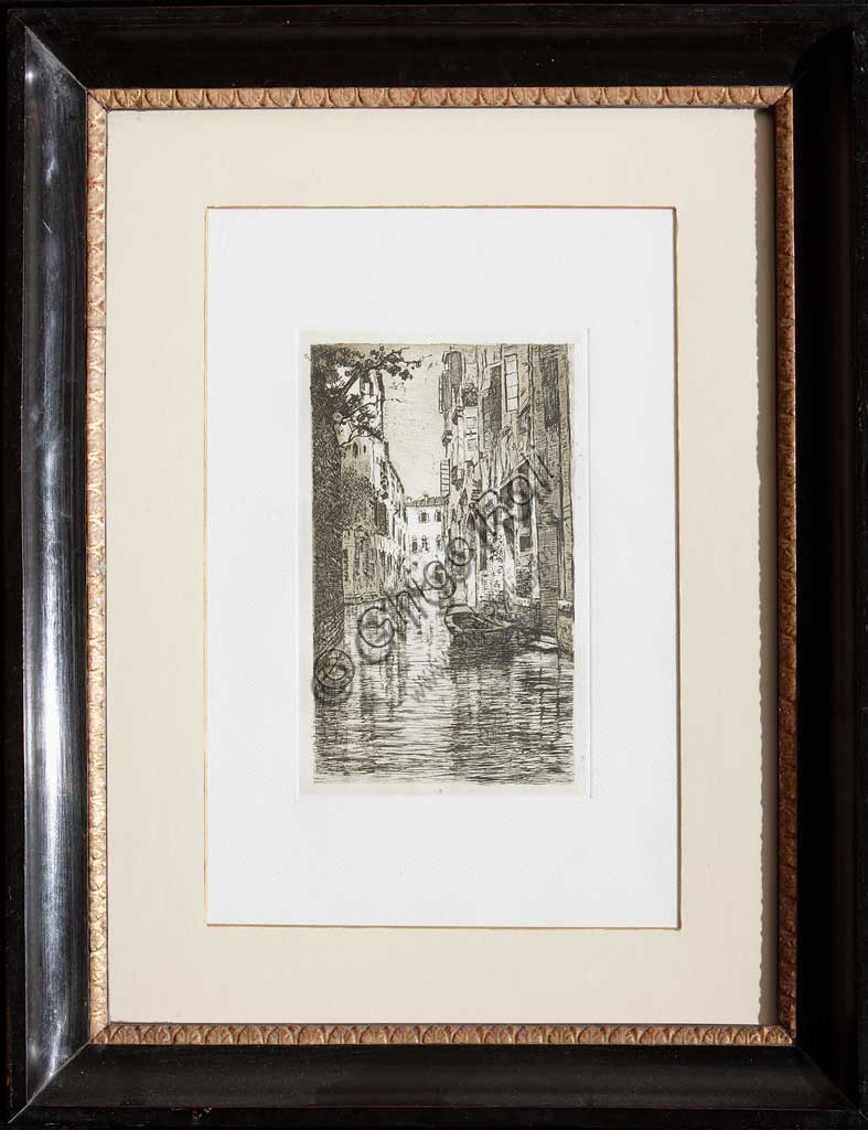 Assicoop - Unipol Collection: "A canal in Venice", etching  on paper, by Giuseppe Miti Zanetti (1859 - 1929).