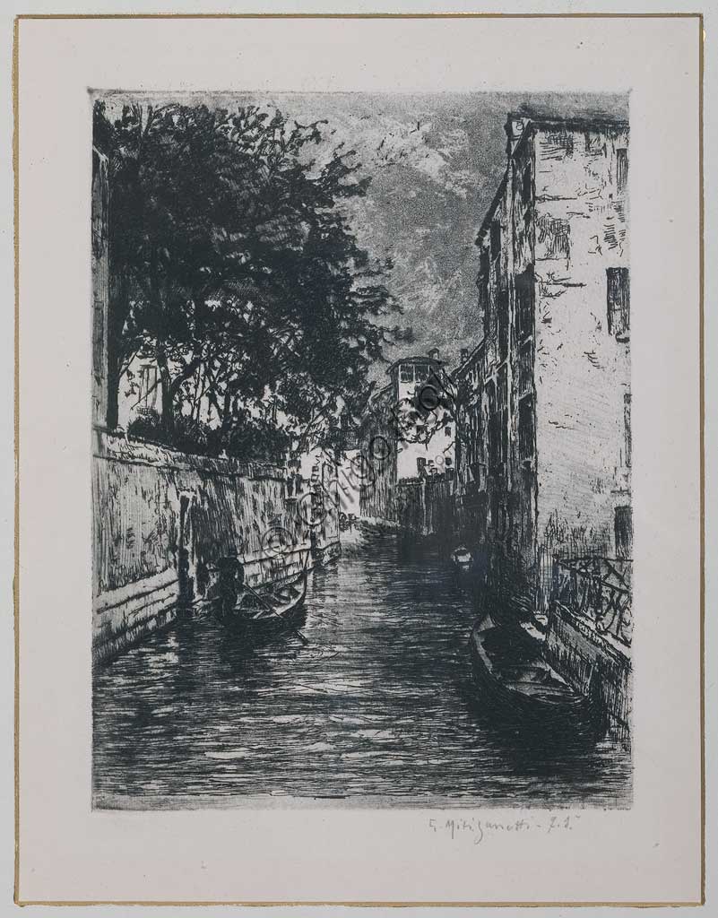 Assicoop - Unipol Collection: "A Canal in Venice", etching  on white paper, by Giuseppe Miti Zanetti (1859 - 1929).